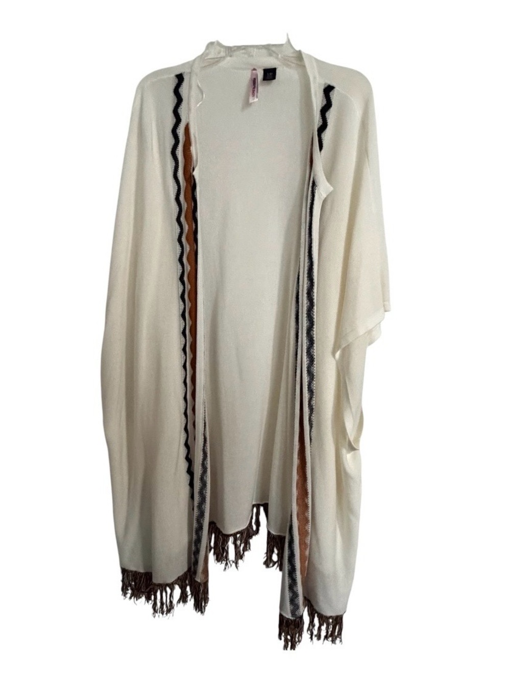 Love By Design Ivory Open-Front Fringe Wrap with Brown and Black Trim -Oversized